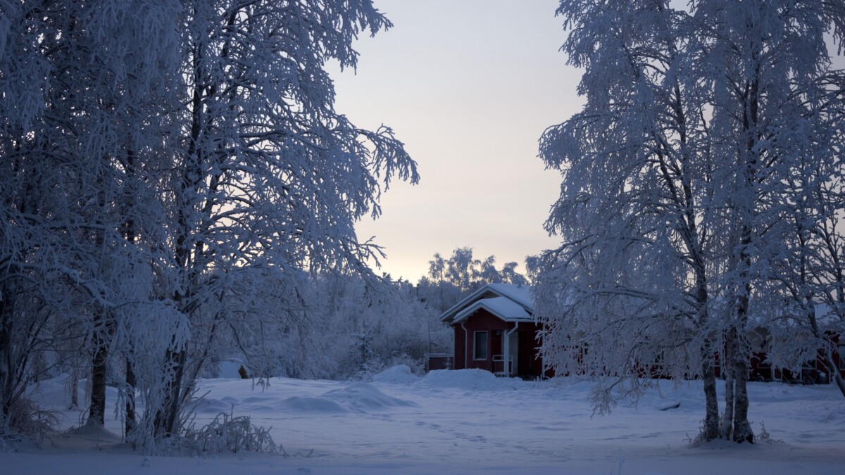 Cabaña cubierta de nieve en el bosque de Laponia